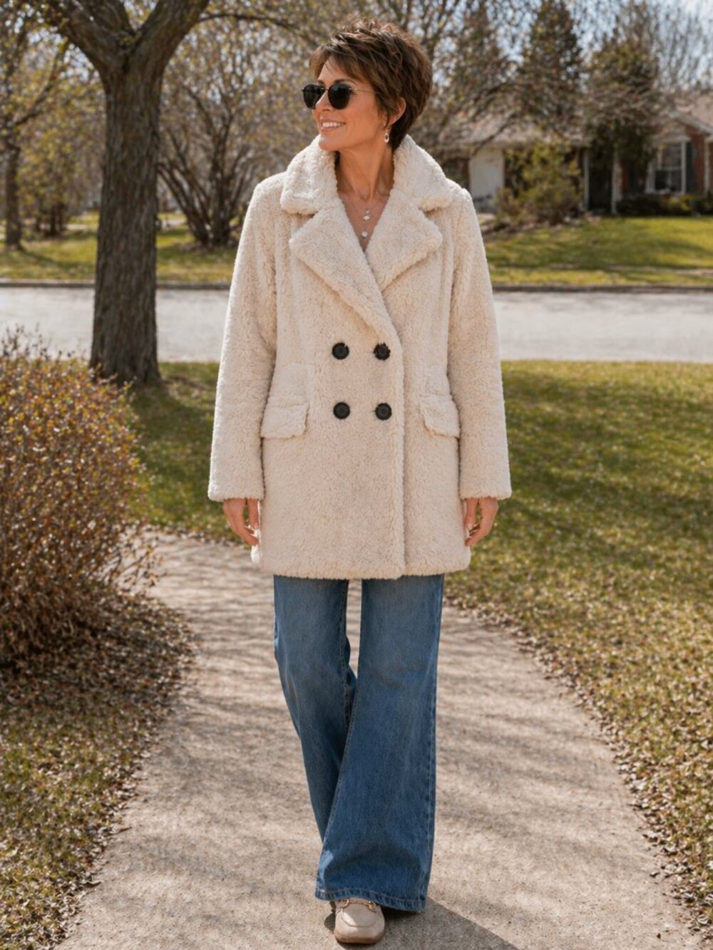 TEDDY SHERPA COAT Cream Cozy Double Breasted LINED ANDIAMO! Jacket s.MEDIUM